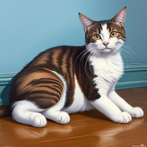 there is a cat that is sitting on the floor looking at the camera, adorable digital painting, cute detailed digital art, ultra realistic illustration, cute digital art, ultrarealistic illustration, realistic illustration, hyperrealistic illustration, ultra...