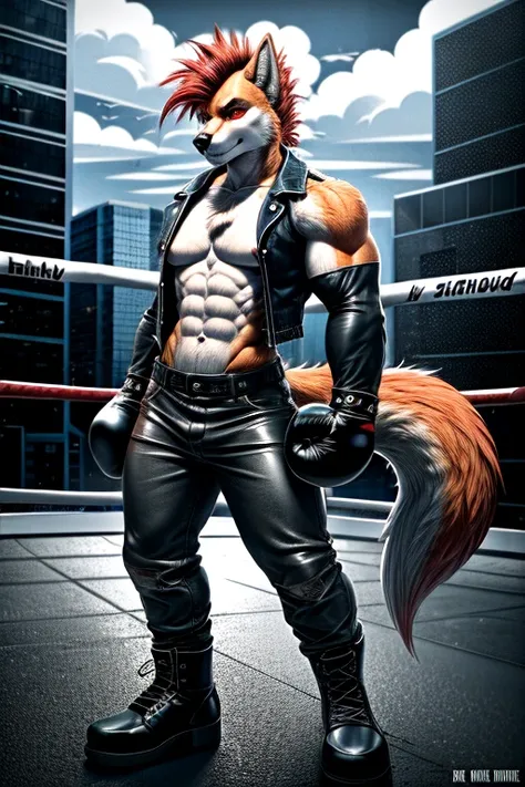 Furry, anthropomorphic wolf, orange fur, red hair, mohawk hairstyle, red eyes, 67 and 233, 50" Chest, 21" Shoulders, 17" Biceps, 36" Waist, 25" thighs, 17" calves, 20" back, wearing black leather vest, wearing white t-shirt with sleeves ripped off, wearing...