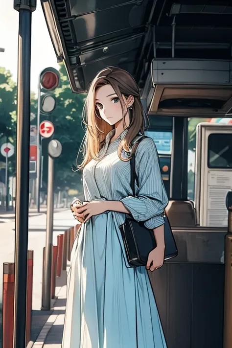 (ridiculous, High resolution, super detailed), masterpiece, best quality, 1 female，whole body，long hair, shirt，long skirt, Soft Face Features，look up，briefcase，Exploding hair expression. Bus stop in the background.