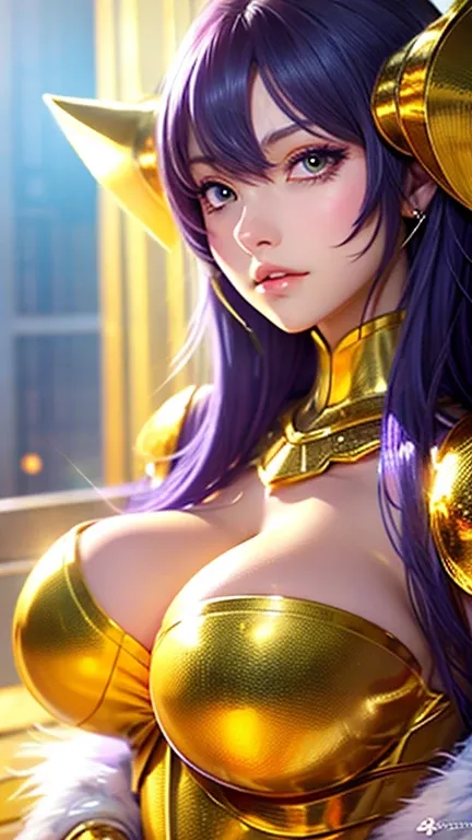 Close-up of a woman in a gold and purple dress, Chengwei Pan at Art Station, by ヤン・J, detailed fantasy art, amazing character art, fan art best art station, Magnificent and exquisite character art, beautiful armor, very detailed art, detailed digital anime...