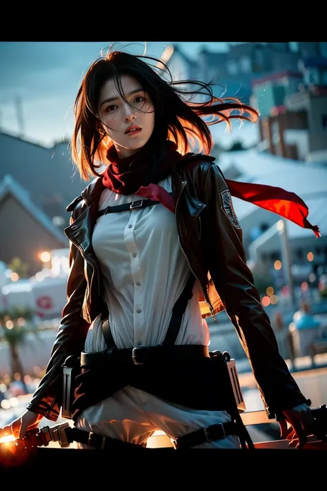 mikasa ackerman, female action anime girl, badass posture, big smile, happy face, attack on titans, female protagonist 👀 :8, rog...