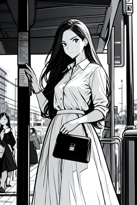 (ridiculous, High resolution, super detailed), masterpiece, best quality, 1 female，whole body，long hair, shirt，long skirt, Soft Face Features，look up，briefcase，Raise your hand to hit someone，Embarrassed expression. Bus stop in the background.