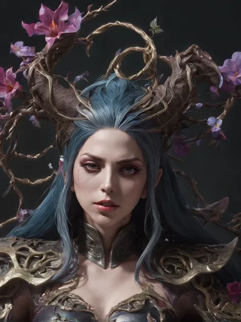 (lady gaga theme) A magical girl (Lady Gaga) whose body is made of vines, plant witch，Vine Queen，Witch of Thorns，Vines weave into a sculpture of a girl，vines woven into clothing，Crazy vines intricate，(Lycoris close-up:1.5)，Flower of the other shore is char...