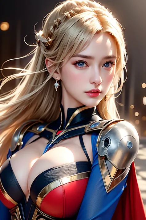 realistic, Realistic picture,Masterpiece,high resolution, woman ,With blue eyes, look at the audience., (detailed face), With blue eyes,blonde hair, cybernetic robot,Metallic red body/gold color,(The details of the outfit were perfect..) The background is ...