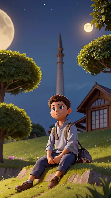 A boy wearing a gray shirt and loose pants and wearing a peci is sitting on top of a hill and leaning against a lush tree, he is looking down at the houses in the countryside and also the illuminated mosque, the situation at night is bright and the crescen...