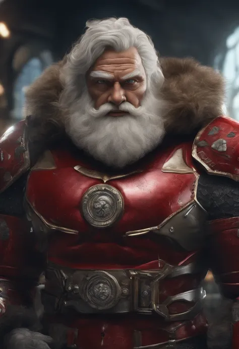 Close-up of Santa Claus wearing red armor and lights on his chest., Santa Claus Cyborg, Details of the humanoid robot, Fat body, closeup portrait shot, captured on canon eos r 6, (Realistic face details), intricate detailed, Portrait of a humanoid robot, v...