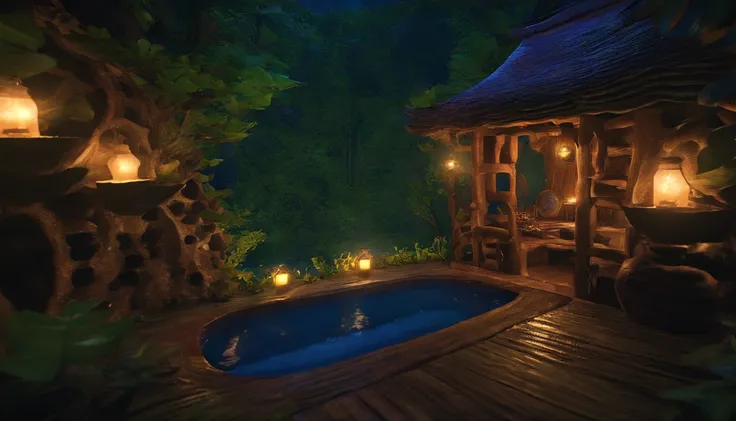 The bathroom of the fairy house, a dark and soothing space in the middle of the night, has a large natural rock bath in the center of the bathroom. The bath is designed in harmony with nature, with an atmosphere like a natural hot spring, filled with hot w...