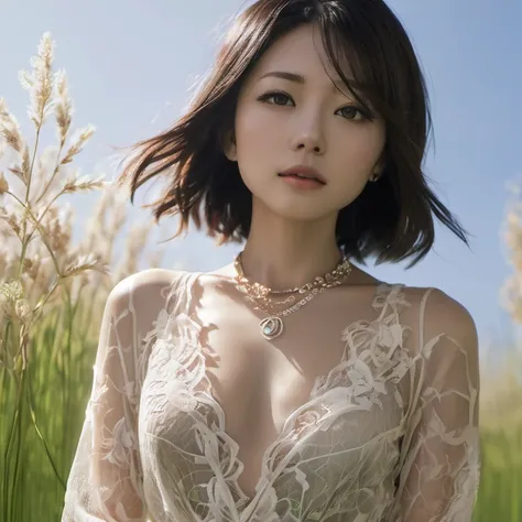 ( High resolution details of human skin texture:1.2),1 Japanese woman,medium breasts,put your hand on your chest,See-through, lace dress,necklace,on the grass,