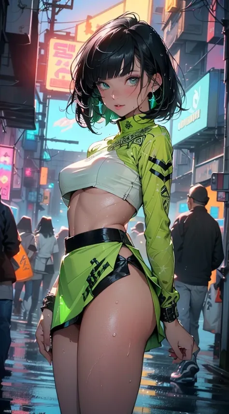 girl dancing,(((1girl))),((girl with extremely cute and beautiful black hair)),

(large breasts:1.4),(((black hair:1.35,hair over one eye, blunt bangs, long sideburns, messy hair, bob cut))),(((eyes_green:1.3))),intricate eyes,beautiful detailed eyes,symme...