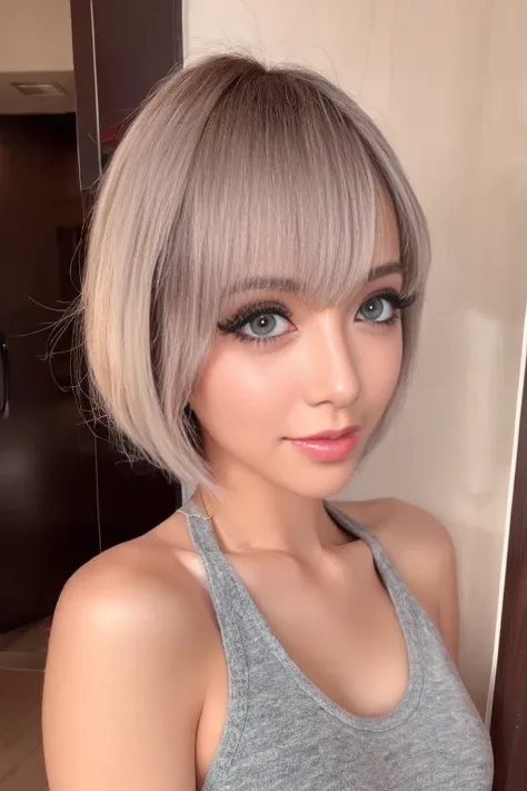 false eyelashes、short hair、beautiful skin