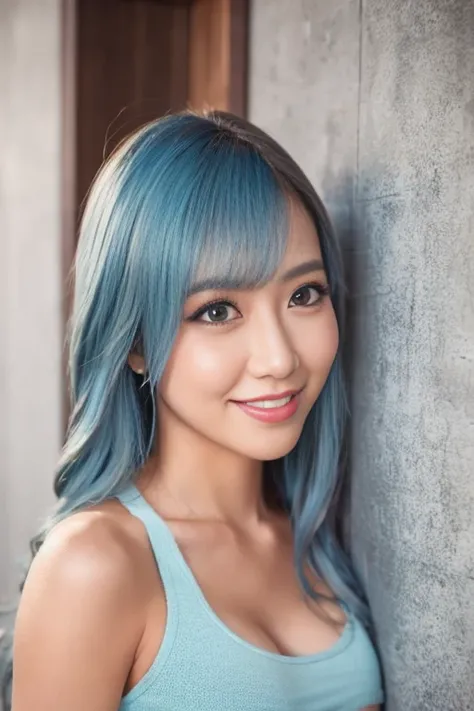 beautiful skin、natural ash blue hair、false eyelashes、smile、forehead、parted bangs