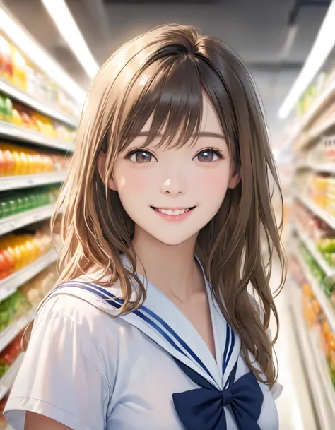 1 girl, happy, smile, (at the supermarket:1.2), ((school uniform:1.2)), raw photo, (photorealistic:1.37, realistic), high-defini...