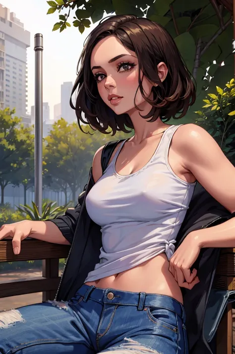 closeup, babe, samdoesarts style beautiful woman, in a park with orange leafs , by jeremy mann, by sandra chevrier, by dave mckean and richard avedon and maciej kuciara, white tank top and jeans, high detailed, 8k