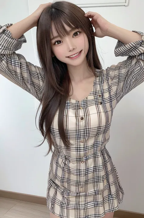 masterpiece, highest quality, High resolution,super detailed, amazingly beautiful woman,１人の girl, (美しいgirl, デリケートなgirl:1.3), (13 years old:1.4), break,  (Casual dress with plaid pattern:1.3), break, extremely fine-grained clarity, (symmetrical eyes:1.3), b...