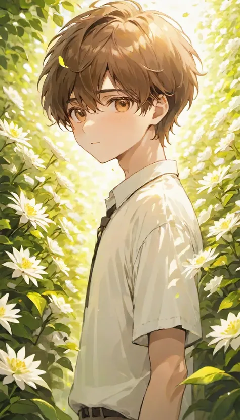 depth of field, masterpiece, best quality, 1boy, solo, brown hair, looking at viewer, hazel eyes, upper body, white shirt ,a lot of white flowers, leaf, blurry foreground, sunlight