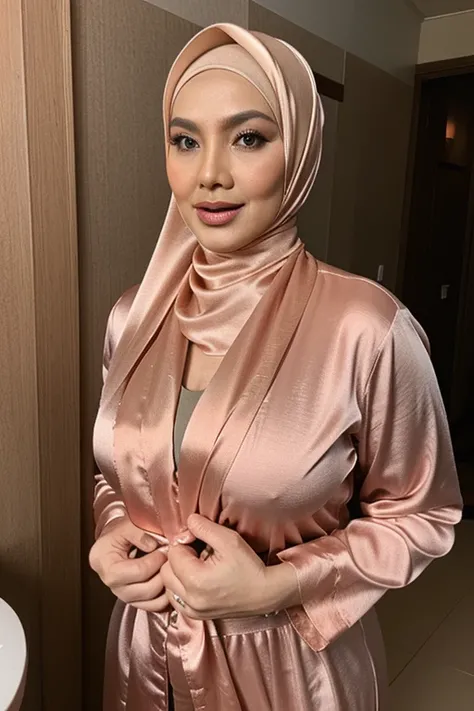 50 years old woman, curvy, big breast natural, satin silk robe, Indonesian, beauty mom in-law, malay hijab.