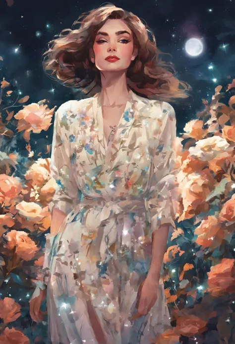 (best quality, highres, realistic:1.37), detailed portrait, girl in a garden, beautiful detailed eyes, beautiful detailed lips, long eyelashes, fashionable clothing, confident and elegant posture, unique catwalk style, starry night pattern on the jacket, v...