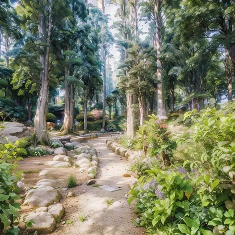 there is a small road，there is a bench in the middle, natural botanical gardens, completely covered by nature, lush trees and fl...