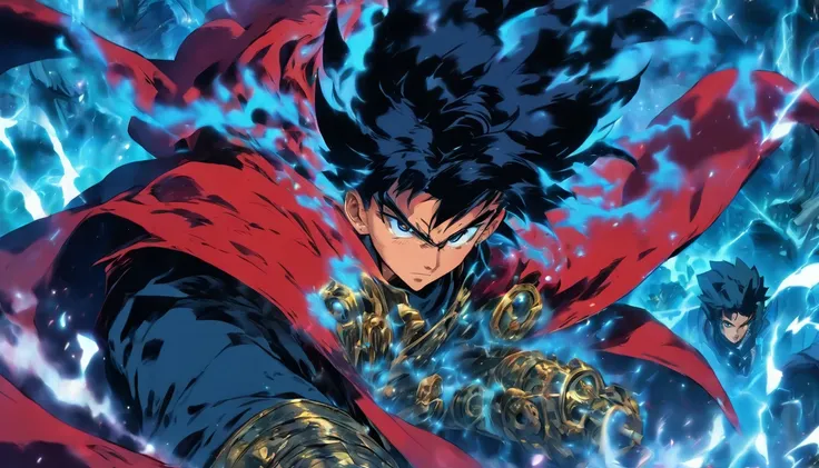 50s, male, final boss, dark blue hair, black steam floating around, intense gaze, wearing a red cloak, many allies behind him, looking at the camera