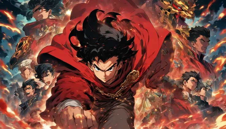 50s, man, final boss, black hair, black steam floating around, intense gaze, wearing a red cloak, many companions behind him, looking at the camera, front