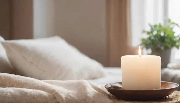 Zen atmosphere, commercial photography, live action, HD, masterpiece, movie style,
Fluffy cloth, cushions, bright room, windowsill, beige candle,
A healing space, a room with a nice scent, relaxing,