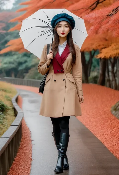 “Asian woman, neatly detailed long hair, beret hat, carrying an umbrella ☂️ wearing shoes 👢 boots, looking full body exploring Japan during the enchanting autumn season." Best quality photos, HD, cinematic