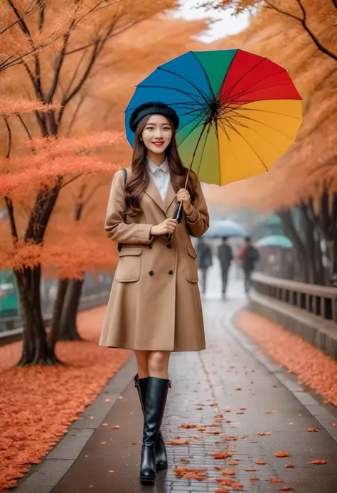 “Asian woman, neatly detailed long hair, beret hat, carrying an umbrella ☂️ wearing shoes 👢 boots, looking full body exploring Japan during the enchanting autumn season." Best quality photos, HD, cinematic