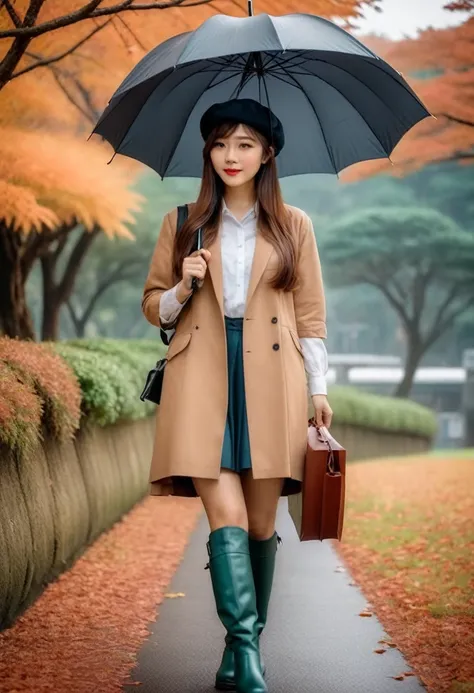 “asian woman, neatly detailed long hair, beret hat, carrying an umbrella ☂️ wearing shoes 👢 boots, looking full body exploring j...