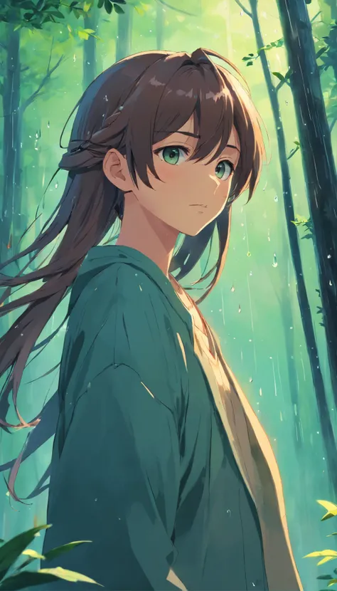 Anime boy with long hair and hairpins, beautiful anime artwork, style of anime4 K, anime art wallpaper 4k,rainy day, the woods，rain drops