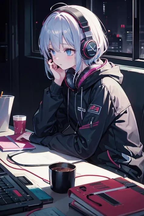 Girl listening to music with headphones in a dark room