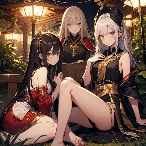 A group of priestess, (in forest), various hair styles, harem, wearing ceremonial clothes, night, details face, beautiful legs, sleeveless, seducing, 