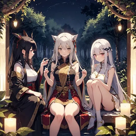 A group of priestess, (in forest), various hair styles, harem, wearing ceremonial clothes, night, details face, beautiful legs, sleeveless, seducing, 