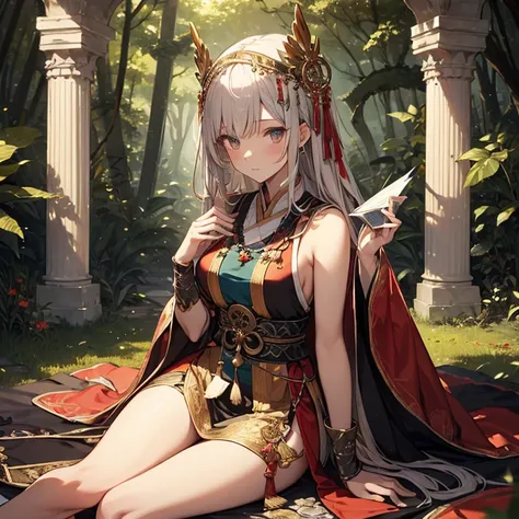 A group of priestess, (in forest), various hair styles, harem, wearing ceremonial clothes, night, details face, beautiful legs, sleeveless, seducing, 