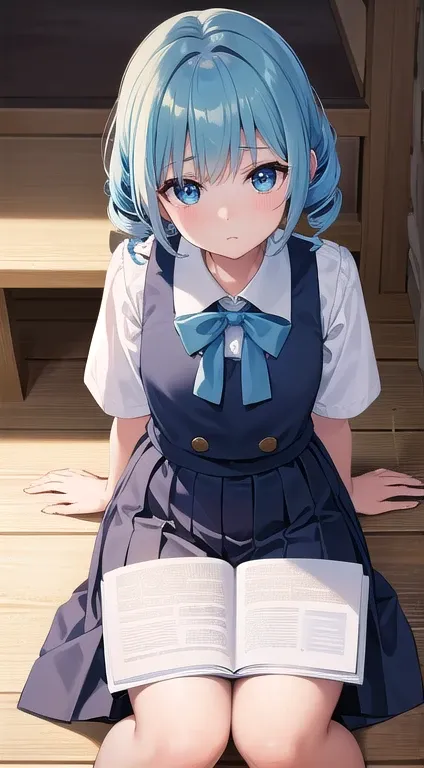 最high quality,very detailed,high quality,Extremely detailed,masterpiece,Super fine,ultra high resolution,超high quality,super delicate face,super realistic,(1 person:1.2)、woman、、light blue hair color、(Cute sky blue eyes)、(short:1.3)、flat chest 、 body shape、...