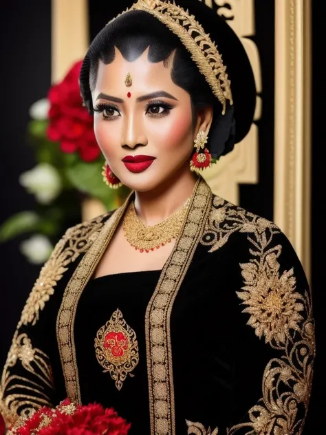 photography, woman,  portrait of java wedding woman in black long kebaya dress traditional, red lipstick, golden necklace, earrings, ornate, detail, flowers, 