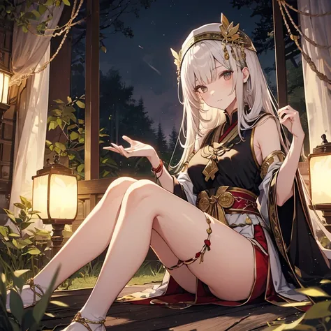 A group of priestess, (in forest), various hair styles, harem, wearing ceremonial clothes, night, details face, beautiful legs, sleeveless, seducing, 