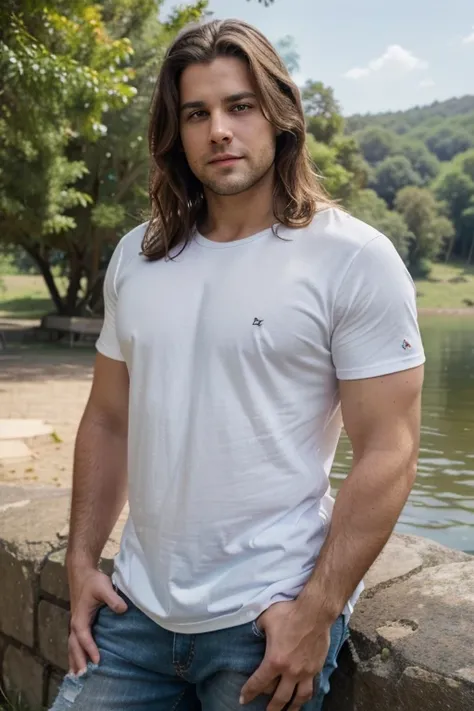 A real happy sexy voluptuous man 28 years old, perfect anatomy, blue eyes, hair brown with highlights, standing, large white t-shirt without drawings or marks, worn and torn jeans, near the lake, tree, rock, looking at camera, medium hair, ((upper body))