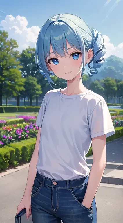 最high quality,very detailed,high quality,Extremely detailed,masterpiece,Super fine,ultra high resolution,超high quality,super delicate face,super realistic,(1 person:1.2)、woman、、light blue hair color、(Cute sky blue eyes)、(short:1.3)、flat chest 、 body shape、...