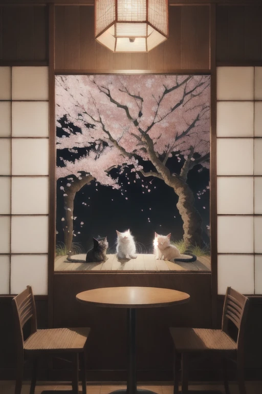 Japanese painting of cats,Cherry blossoms seen from the cafe,beautiful illumination,beautiful lighting,8K,figure,colorful picture,High resolution