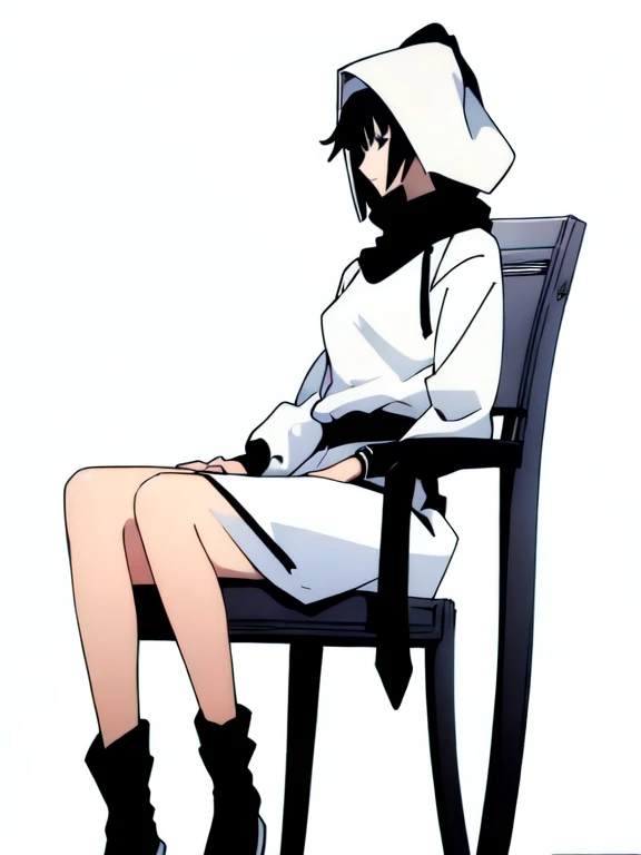 (best quality: 1.5, masterpiece, minimalist, whitebackground: 2, monochrome, anime), 1 female, 1 teenager, upperbody, lineart, front view, fulbody, edgCultist, man sitting on a chair, hood on: 2, 1 girl,