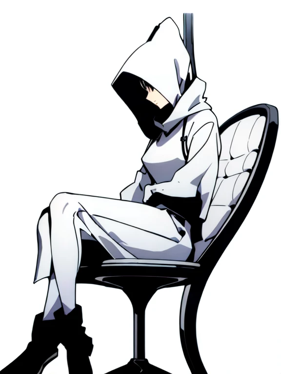 (best quality: 1.5, masterpiece, minimalist, whitebackground: 2, monochrome, anime), 1 female, 1 teenager, upperbody, lineart, front view: 2, edgCultist, man sitting on a chair, hood on: 2, 1 girl,