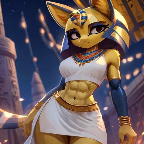 a digital artwork of ankha with abs wearing a crop top of her white sleeveless dress outfit with a bare midriff and a bare navel...