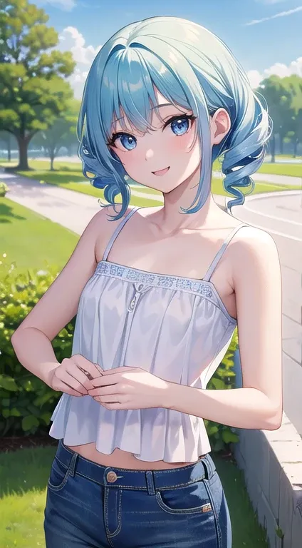 最high quality,very detailed,high quality,Extremely detailed,masterpiece,Super fine,ultra high resolution,超high quality,super delicate face,super realistic,(1 person:1.2)、woman、、light blue hair color、(Cute sky blue eyes)、(short:1.3)、flat chest 、 body shape、...