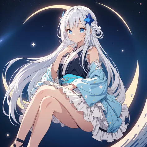 sitting on the crescent moon、(masterpiece, best quality), 1girl,  1girl、vtuber-fullbody、Star Fairy、「A beautifully printed galaxy patterned kimono and gothic lolita outfit.、Space pattern box pleated mini skirt with ruffles、Front full body portrait、enchantin...