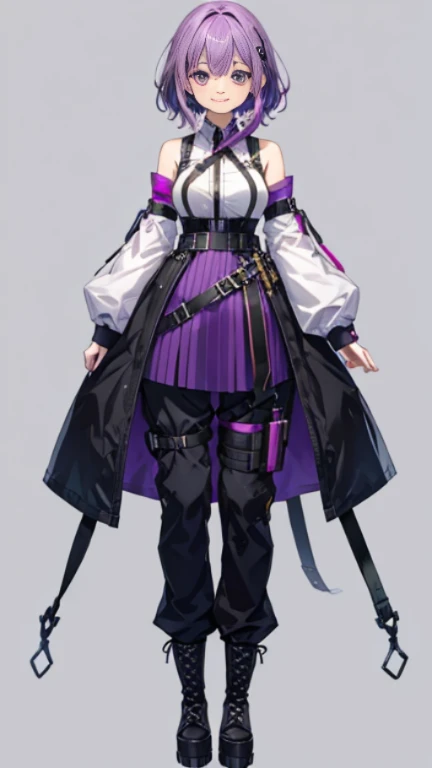 purple hair,girl,1 person,medium hair,No sleeve,Harness,pants,boots,simple background,smile,whole body,full body,standing position,Standing picture,VTuber,front,Eyes on the viewer,視線をfrontに,arm to the side