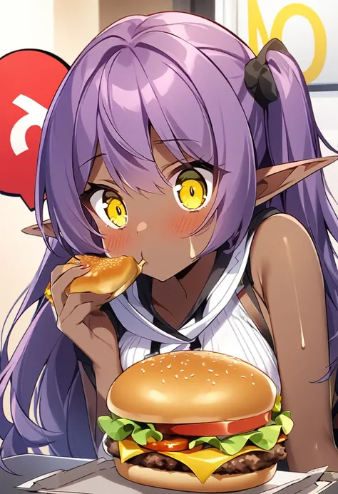 Score_9, Score_8_up, Score_7_up, source_anime, 1girl, (spoken exclamation point: 0.8), 1girl, dark elf, long ear, purple hair, bright yellow eyes, dark skin, bright skin, an elf eating, eating at McDonalds, hamburger , dressed sexy,