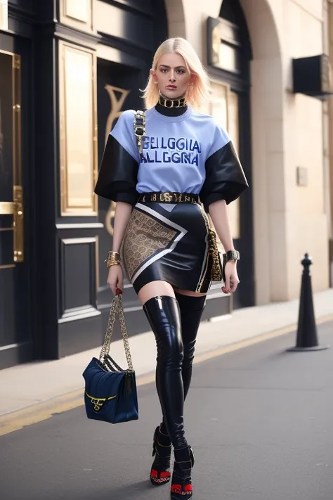 a 25 year old pale Russian young cute charismatic supermodel walking down a street carrying a purse and a purse, wearing louis vuitton armor, official vuitton editorial, official versace editorial, official dior editorial, casual dress t-shirt (Balenciaga ...