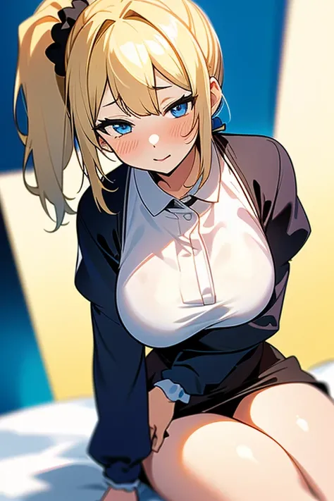 ((1 girl, alone, alone, ai hayasaka, bangs, blue eyes, blonde hair, hair ornaments, side lock, side ponytail, Scrunchie, big breasts, flushed cheeks))