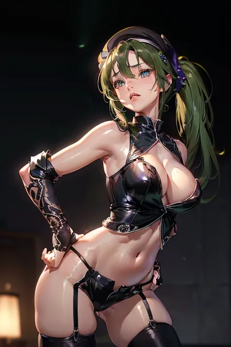 ((1 girl)),(best quality, highres, masterpiece:1.2), ultra-detailed, (realistic:1.37) illustration, erotic style, soft lighting, sweat glistening on her body, gentle warmth, mysterious, ubel,dark green hair,long hair,side ponytail,hair between eyes,bangs, ...