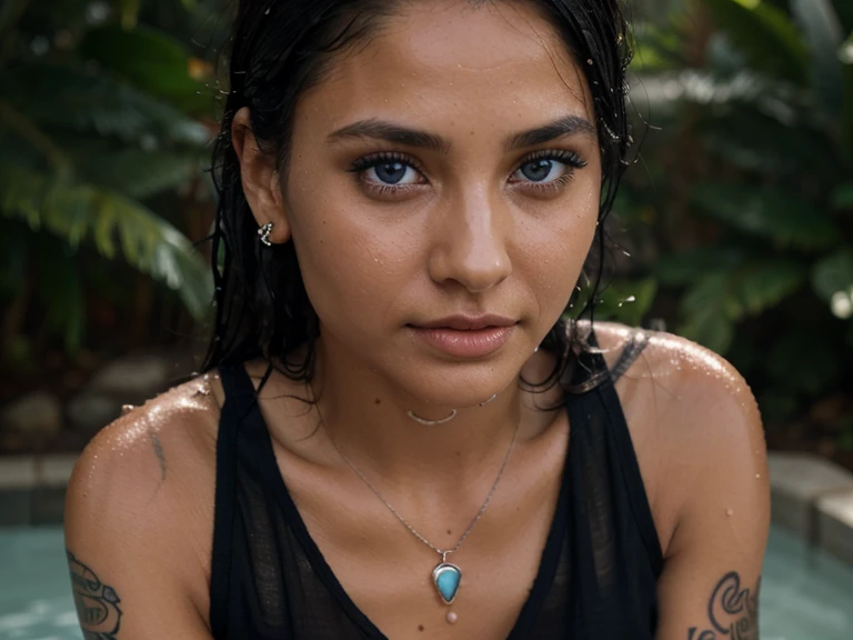 RAW photo of a women, super detail, high details, high quality, realistic, black hair, blue eyes, tanned skin, wet dress, has jewelry, small tattoo, pierced septum.